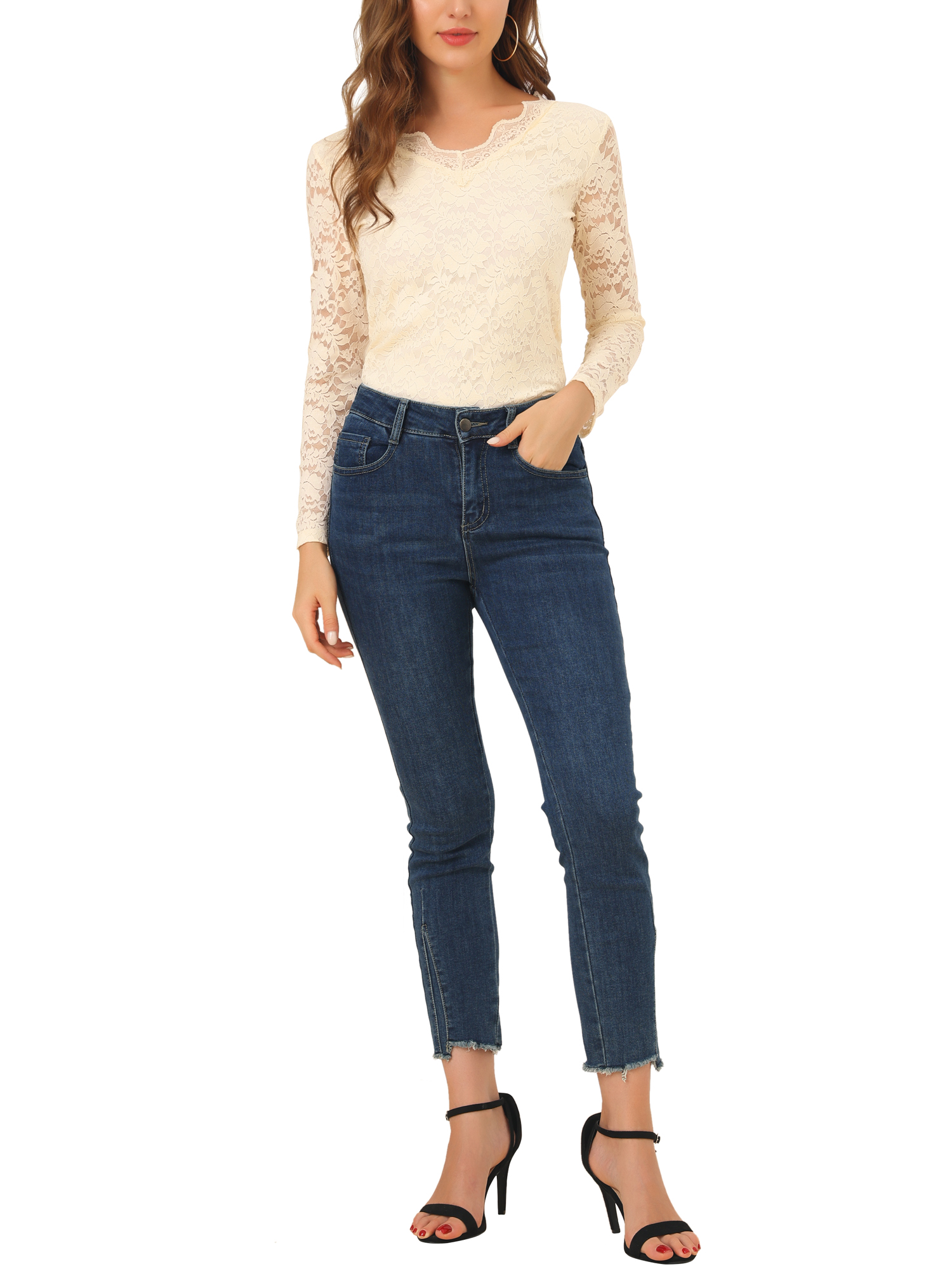 DARING DIVA Floral Lace Shirt Lace Scalloped Trim Blouse S Beige