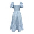 thumbnail image 6 of Blue And White Plaid Square Neck Puff Sleeve Tiered Midi Dress For Women, 6 of 6