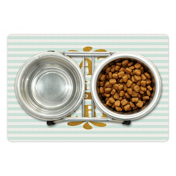 Eat Drink and Be Merry Pet Mat for Food and Water, Christmas Typography Greeting Tradition Western Holiday, Non-Slip Rubber Mat for Dogs and Cats, 18" X 12", by Ambesonne