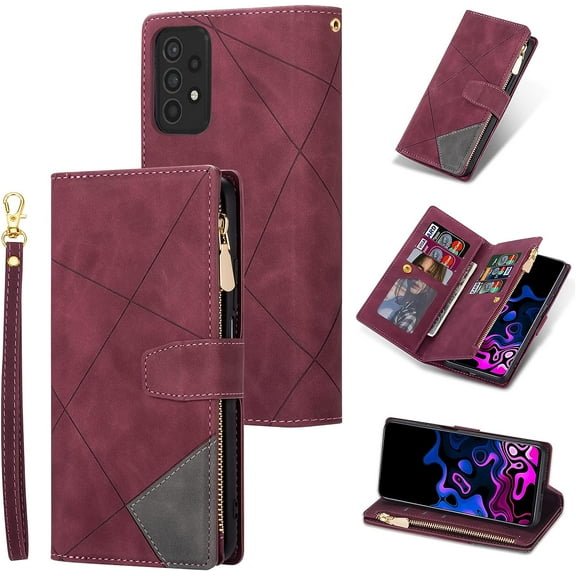 Wallet Case for Samsung Galaxy A53 5G, Vintage Premium PU Leather Cover Flip Case with Card Slots Magnetic Closure Zipper Pocket Kickstand Handbag with Hand Strap - Diamond Red