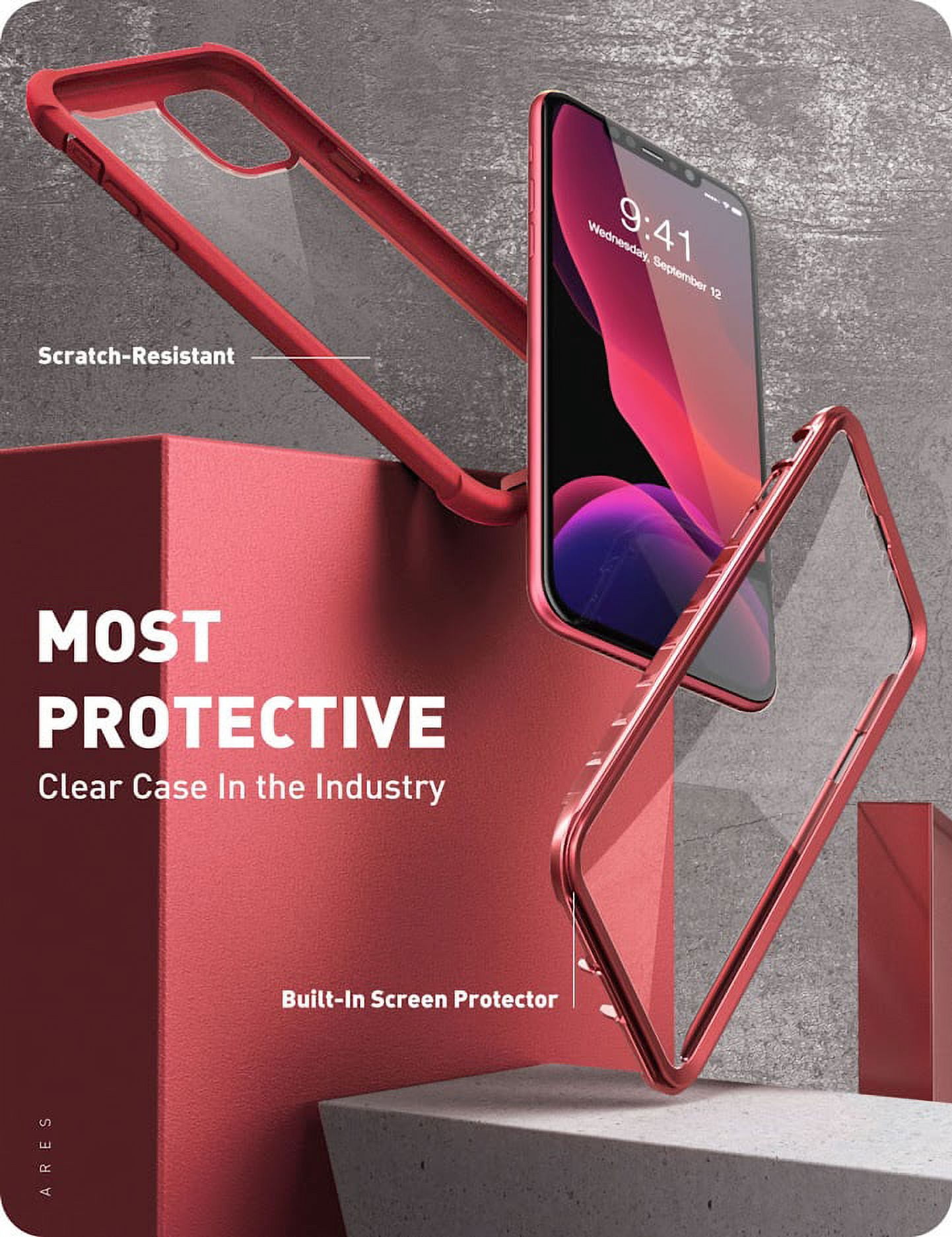 i-Blason Ares iPhone 11 Case 6.1 inch (2019 Release), Dual Layer Rugged Clear Bumper Case with Built-in Screen Protector (MetallicRed)