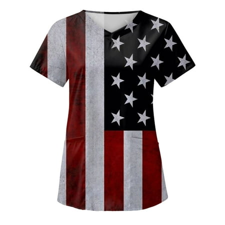 

Black Scrubs Tops For Women Plus Size Summer Independence Day Printed Care V-Neck Working Uniform