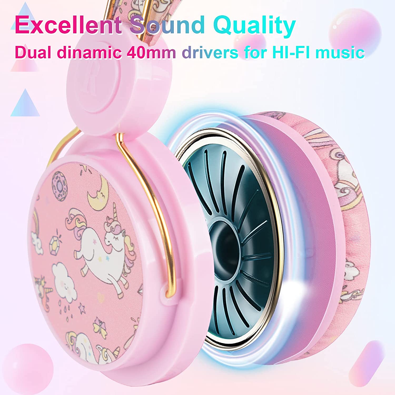 TCJJ Unicorn Kids Wired Headphones with Volume Limiting, Pink photo 2