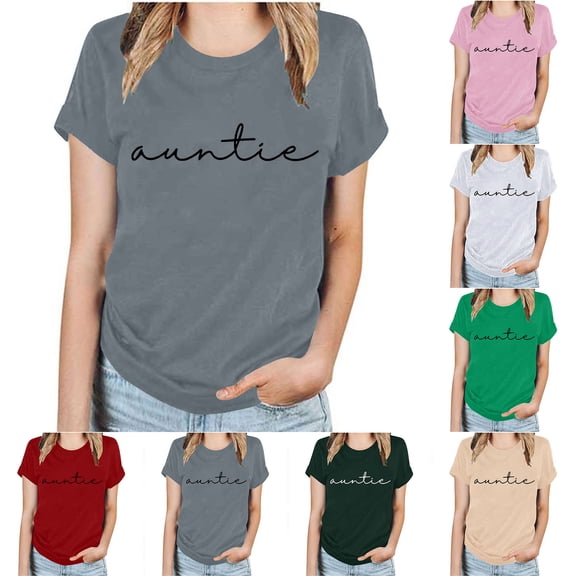 YHAJDS Women's Basic Tees AUNTIE Graphic Print Round Neck Short Sleeve Loose Summer Top