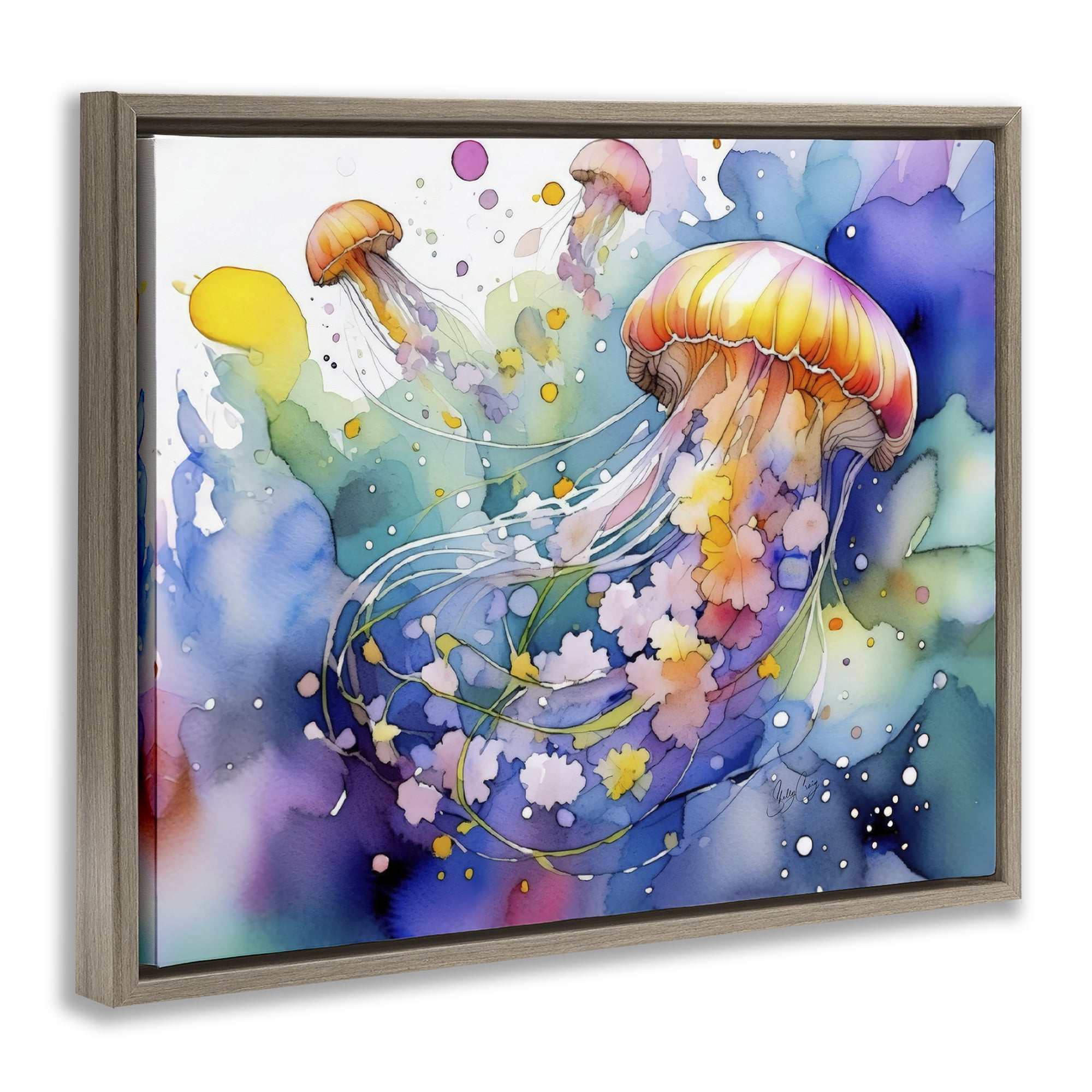 Stupell Industries Neon Jellyfish Underwater Brown Framed Floater Canvas Wall Art, design by Shelly Craig