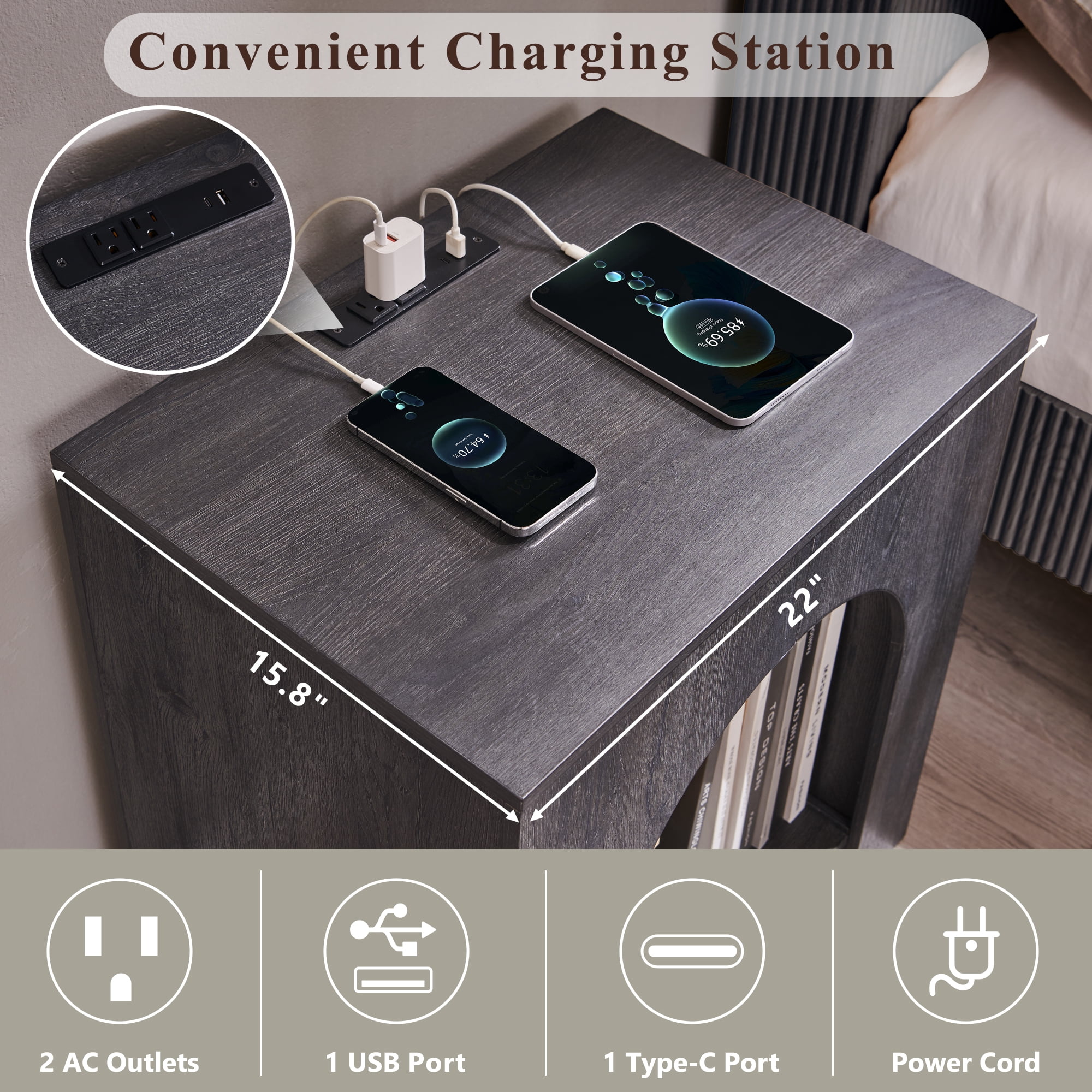 SinCiDo Modern Arched Nightstand with Charging Station, Bedside Table with Open Shelf Storage for Bedroom, Living Room