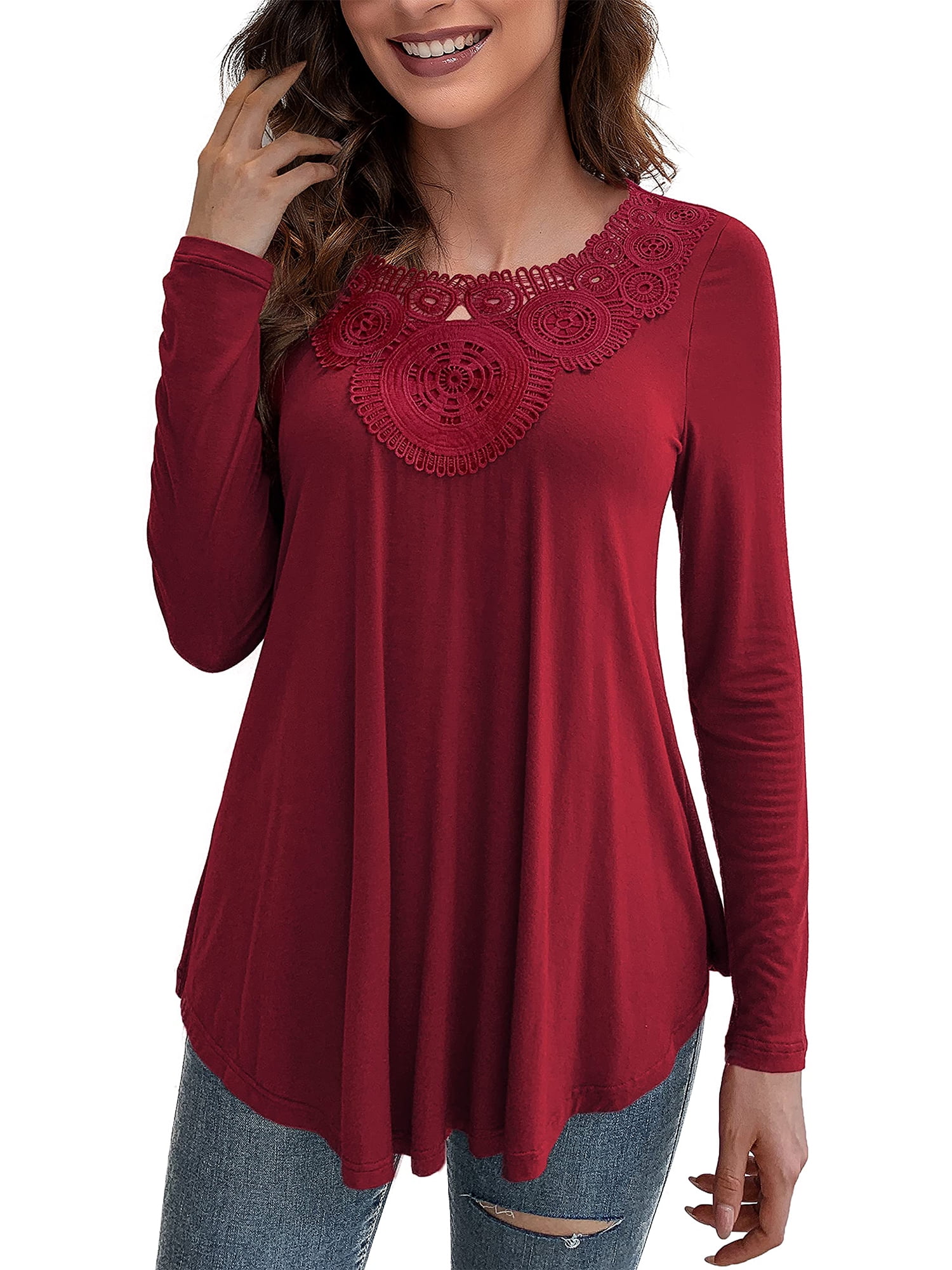 Women's Plus Size Long Sleeve Shirts Floral Crochet Tunic Top Lace ...