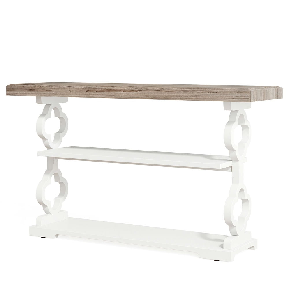 Yardi Yarda Farmhouse Console Table, 55" Entryway Sofa Table with Storage Shelves, White+Brown