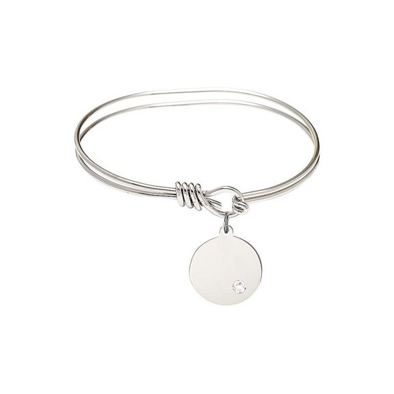 5 3/4 inch Oval Eye Hook Bangle Bracelet w/ Plain Disc medal charm w/ April Crystal Swarovski Crystal