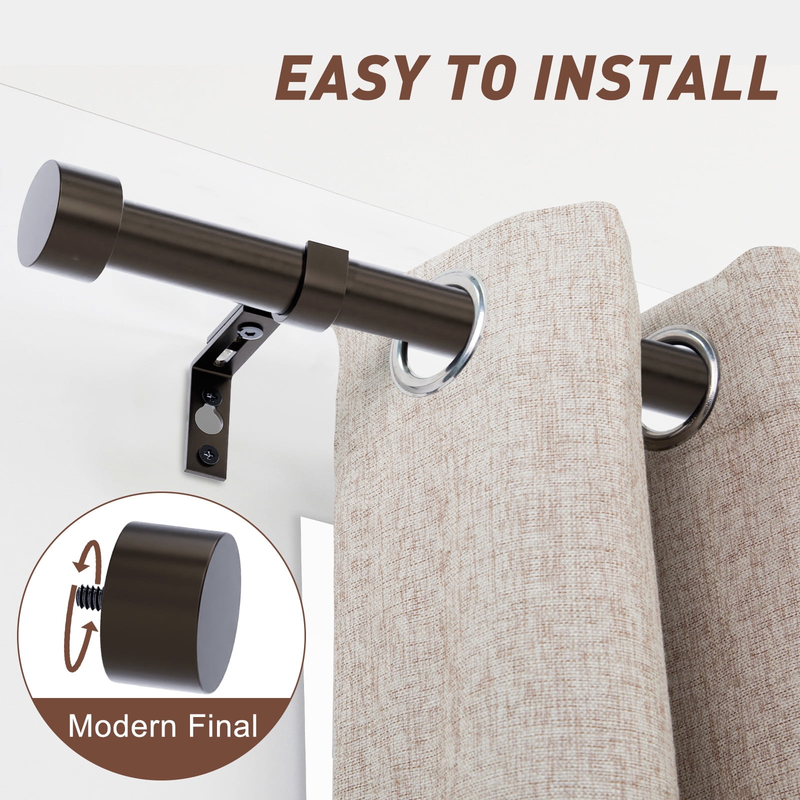 32"-86" Curtain Rods,1 inch Diameter Single Curtain Rod Set,Heavy Duty Curtain Rods with Aluminium Finials,Bronze