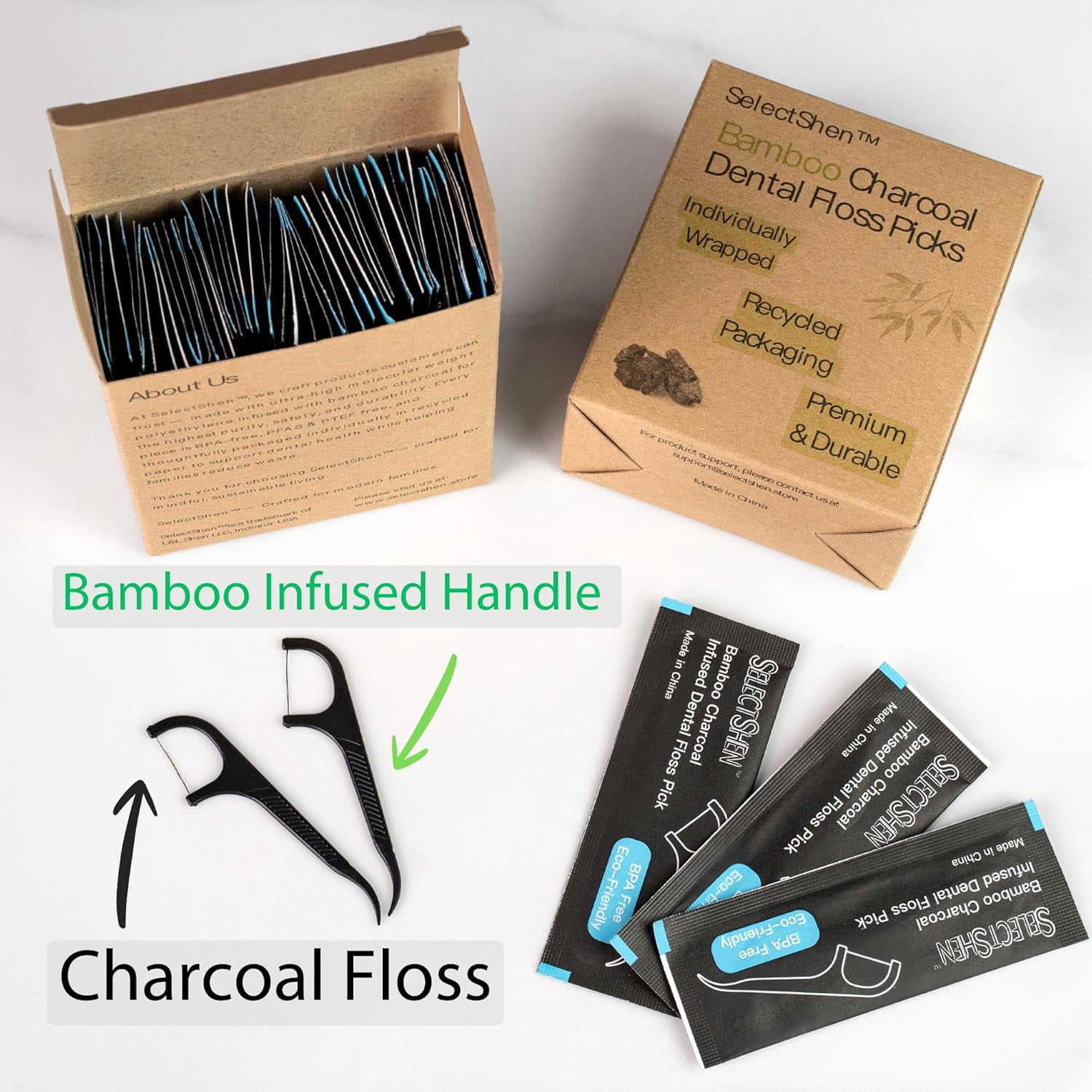 Dental Floss Picks-100 Count Individually Wrapped, Strong Charcoal Floss for Tight Teeth, Gum Health, Plaque Removal, Travel & Daily Oral Hygiene Friendly by General™ (100 Pack)