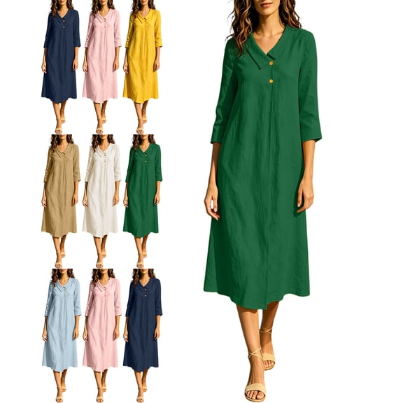 Women's Cotton Linen Midi Dress 3/4 Sleeve V Neck Button Casual Loose Summer Dress