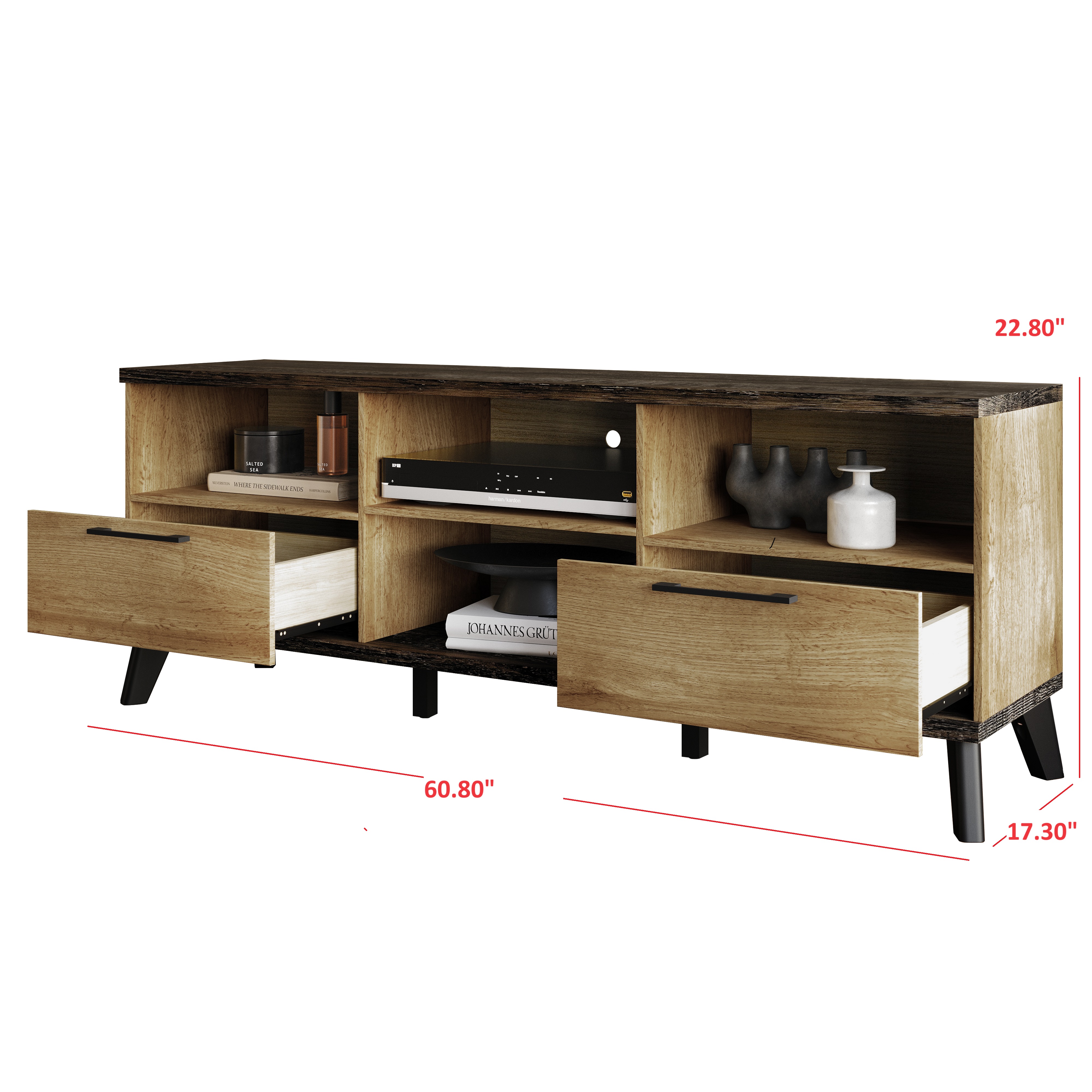Home Design Emersyn TV Stand with Spacious Storage and Sleek Design, Natural Oak, Easy Assembly