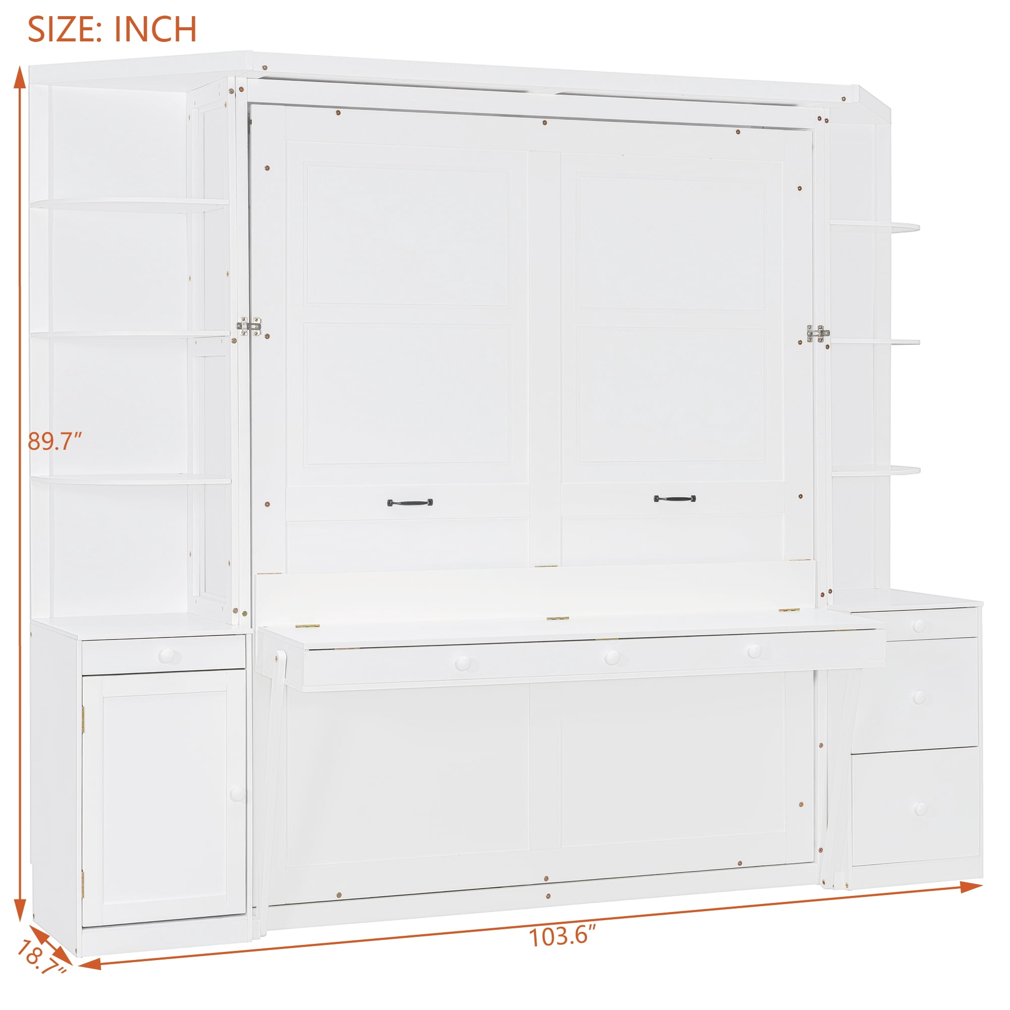 Queen Size Murphy Bed with Desk, Storage Shelves and Cabinets, for Space-Saving Home Office, Guest Room