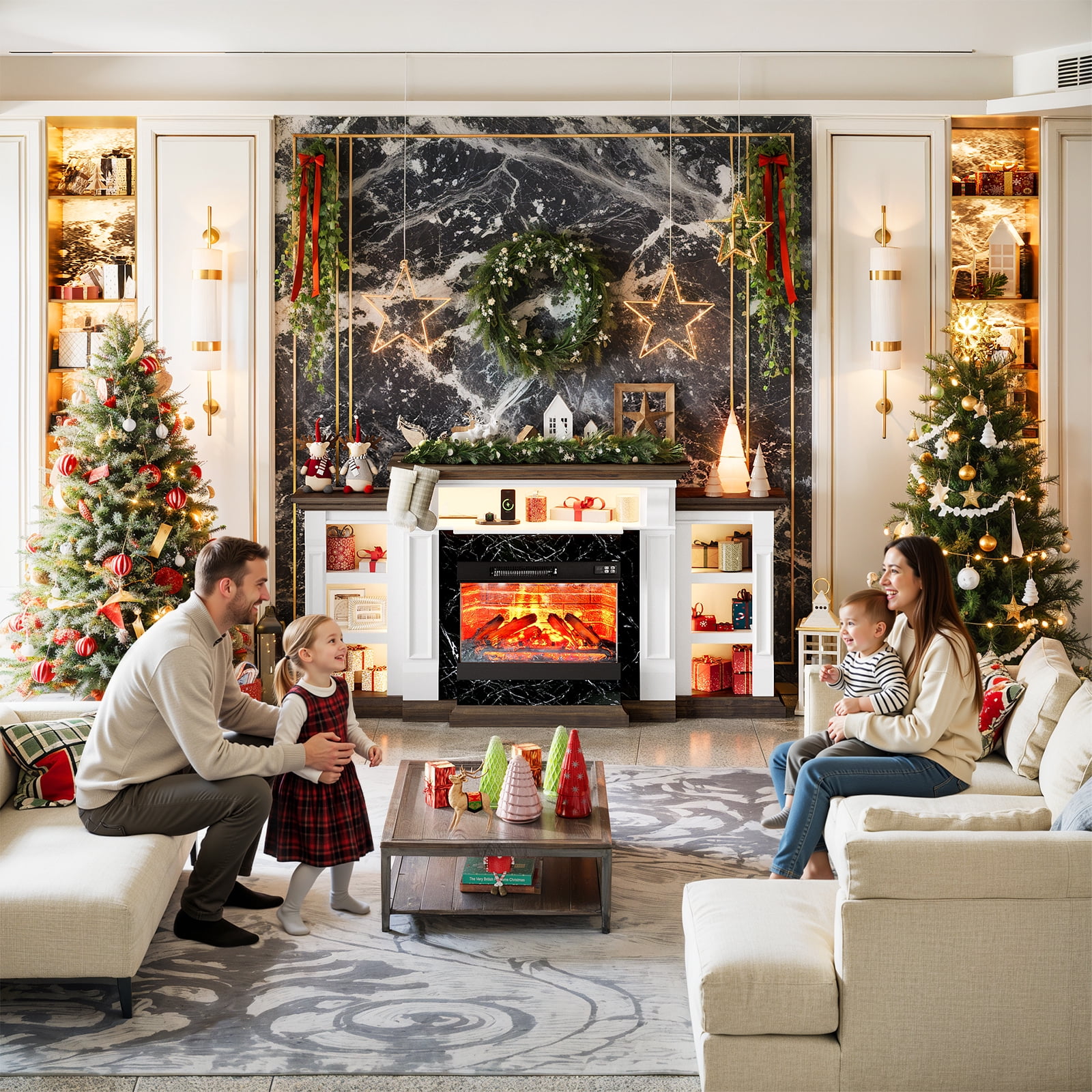 Holliwill 3-Sided Glass Farmhouse 72" Fireplace TV Stand for TVs up to 80", Electric Fireplace with Mantel, TV Console with Charging Station & LED Lights for Living Room, White Brown