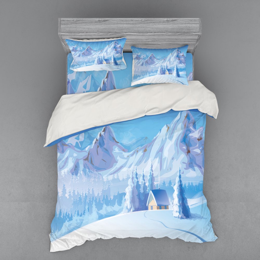 Winter Duvet Cover Set, Little House Below the Majestic Mountains in