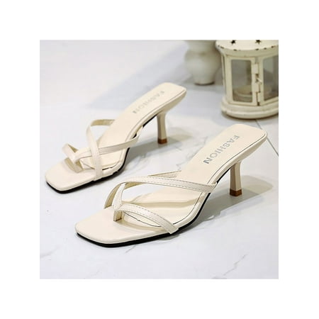 

Sanviglor Women Heeled Sandals Summer Flip-flops Slip On Slides Dates Lightweight Comfort Casual Shoes Fashion Square Toe Slippers Beige 4.5