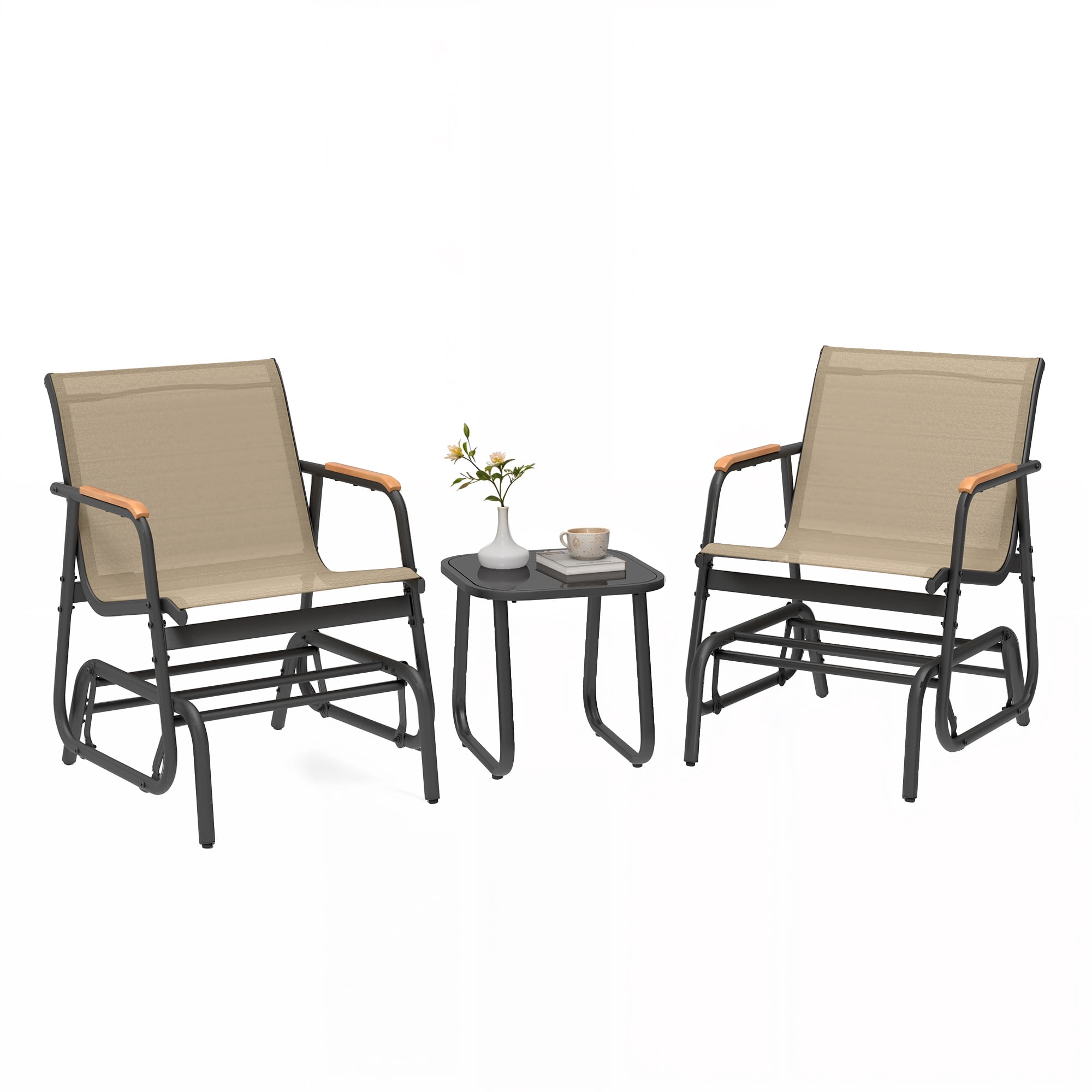 Uforic 3-Piece Patio Furniture Set, Outdoor Textilene Glider Bistro Set with 2 Glider Chairs & Tempered Glass Coffee Table, Heavy Duty Outdoor Seating Set for Backyard, Garden, Balcony, Brown