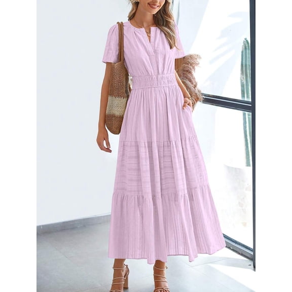 Light Pink Purple Womens Short Sleeve Maxi Dress High Waist Tiered A-Line Boho Flowy Beach Vacation Dress