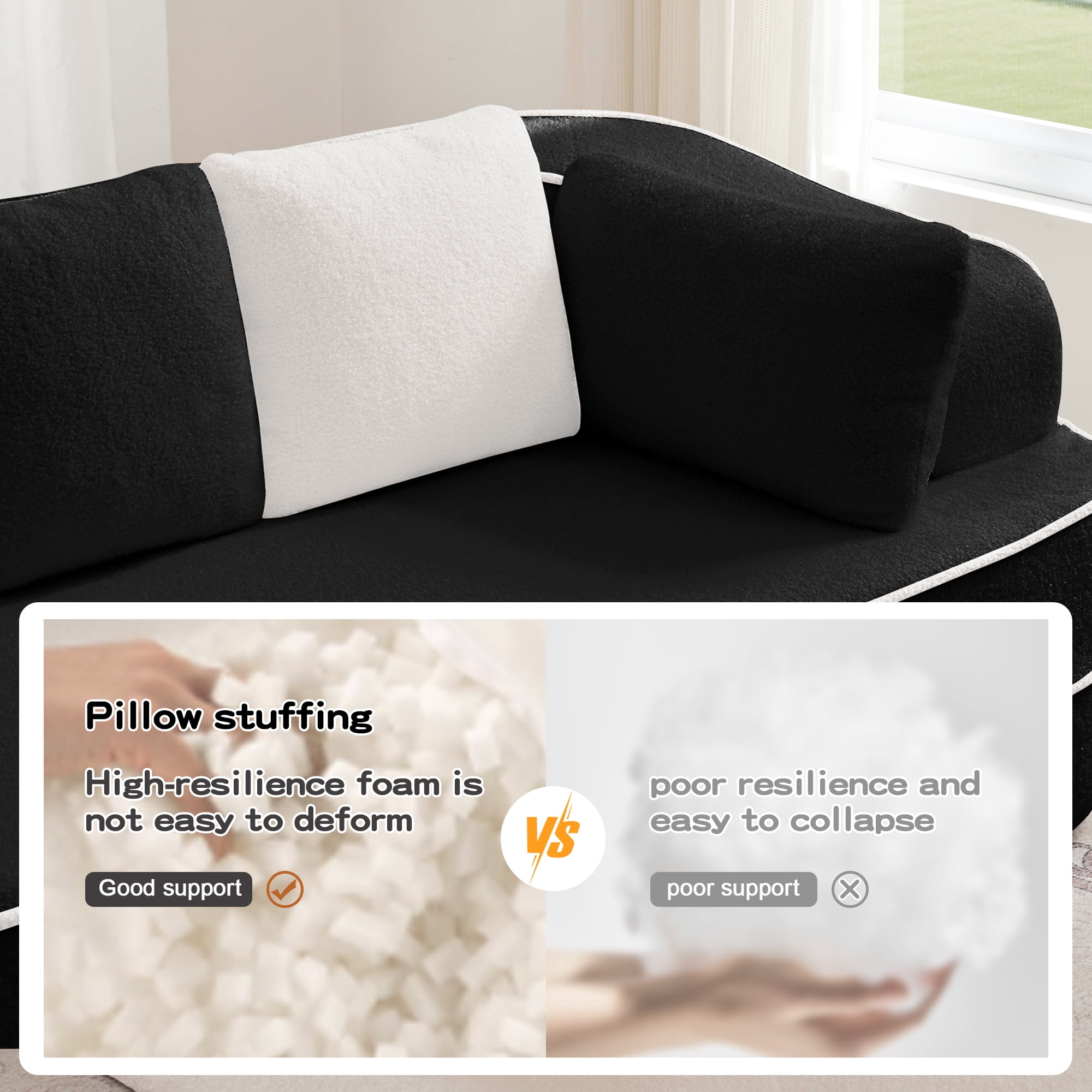 106" Teddy Fabric No Assembly 32D Boneless Sofa,Contrast color design,Fluffy Comfy Couch with L-Shaped Chaise,for Living Room,Black