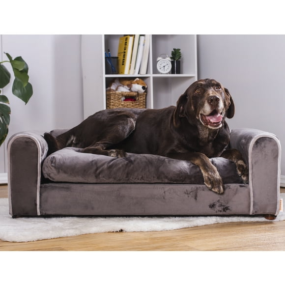 Sofá cama esponjosa para mascotas, mueble de madera, tapizado suave, calmante, es lavable con patas altas y almohadillas anti deslizantes, incluye cordón y almohadas decorativas. Elije moots