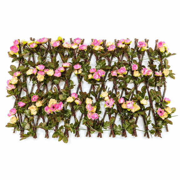 Faux Rose Hedge Fence Panel, Expandable Artificial Flower Privacy Screen for Balcony Patio Wall Garden Backdrop White