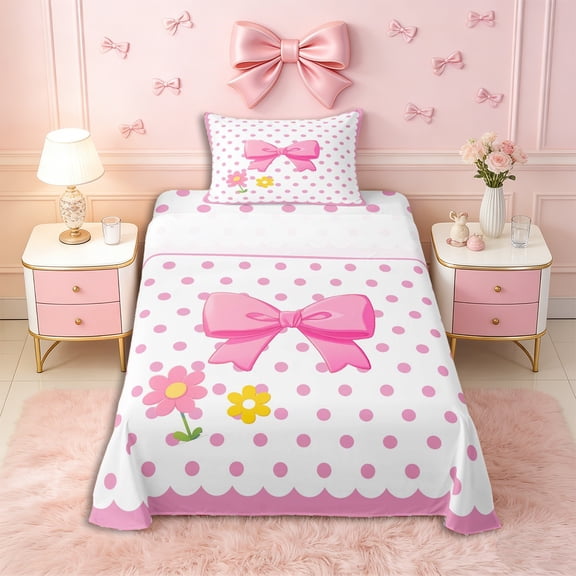 Erosebridal Kids Girls Cartoon Floral Bowknot Twin Sheet Sets 3pcs,Teens Vintage Polka Dots Bedding,Lightweight Room Decor
