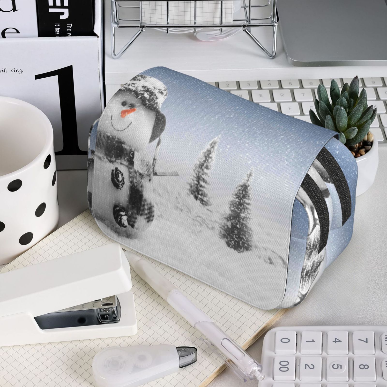 Rateoe Snowman And Christmas Tree Pattern Double Clamshell Pen Case, Storage Organizer with Two Zipper Compartments– Holds Up to 50 Pencils & Pens
