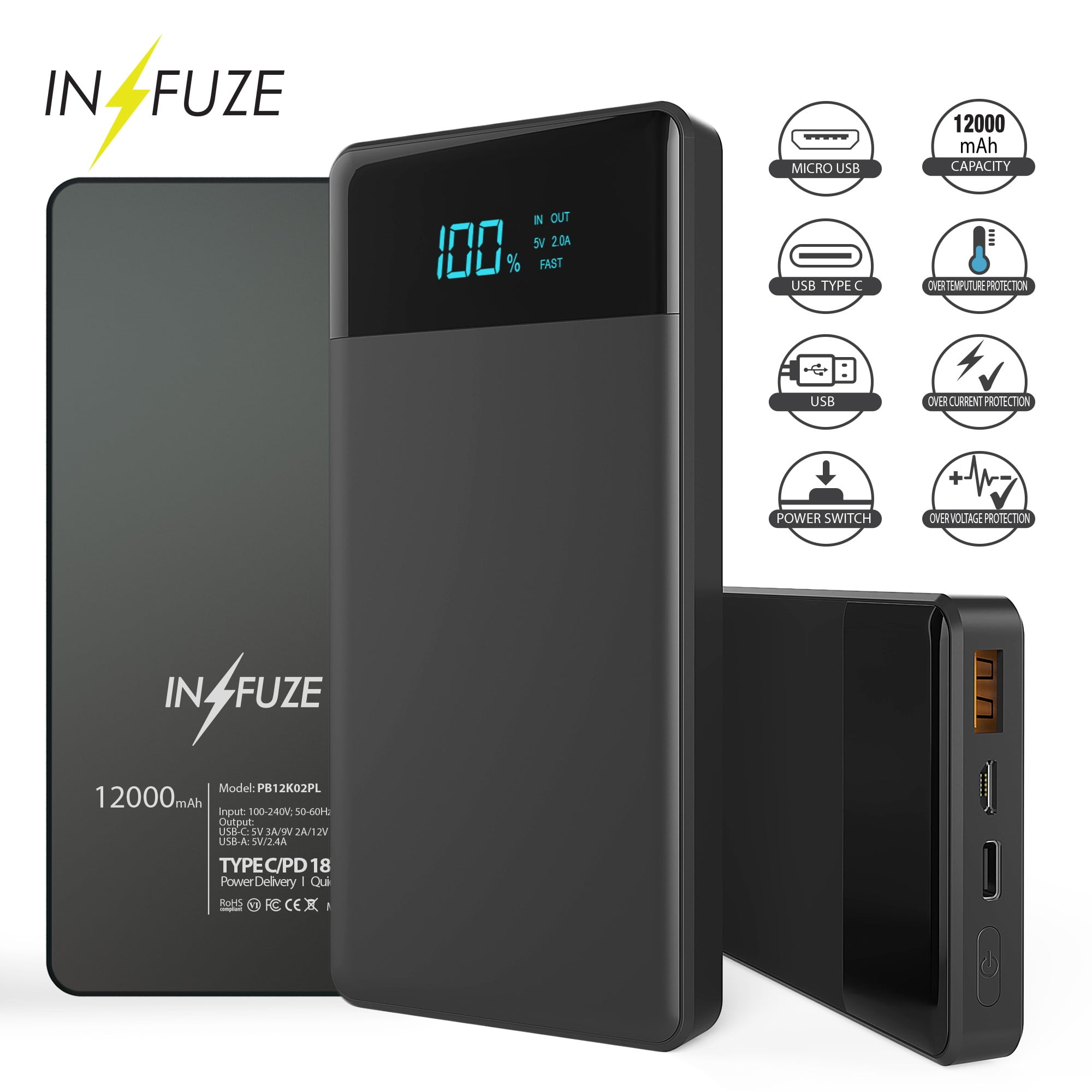 Power Bank [12000 mAH PD-18W Power Delivery Charger],Portable Charger Support Samsung, LG, iPhone & USB Type-C Laptops MacBook, Ninento Switch Matte Black -LED INDICATOR