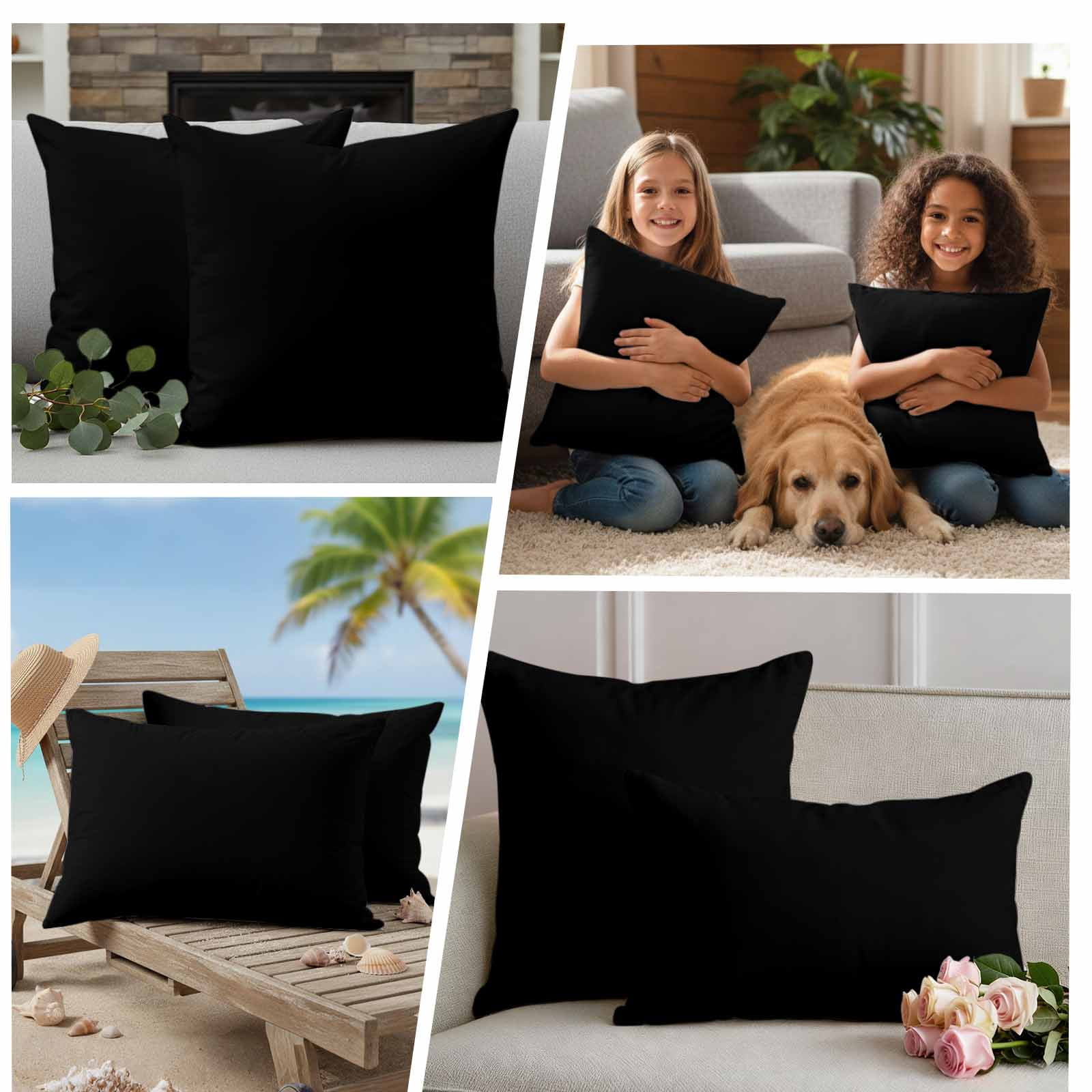 Black Outdoor Waterproof Pillow Covers, Solid Color Farmhouse Black Decorative Square Throw Pillowcase Sofa Cushion Sham for Patio/Couch/Chair, 16"x16" 2 Pack