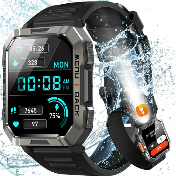 Military SOS Smart Watch for Men Bluetooth (Call Receive/Dial) with LED Flashlight,Compass,100  Sports Modes,Black