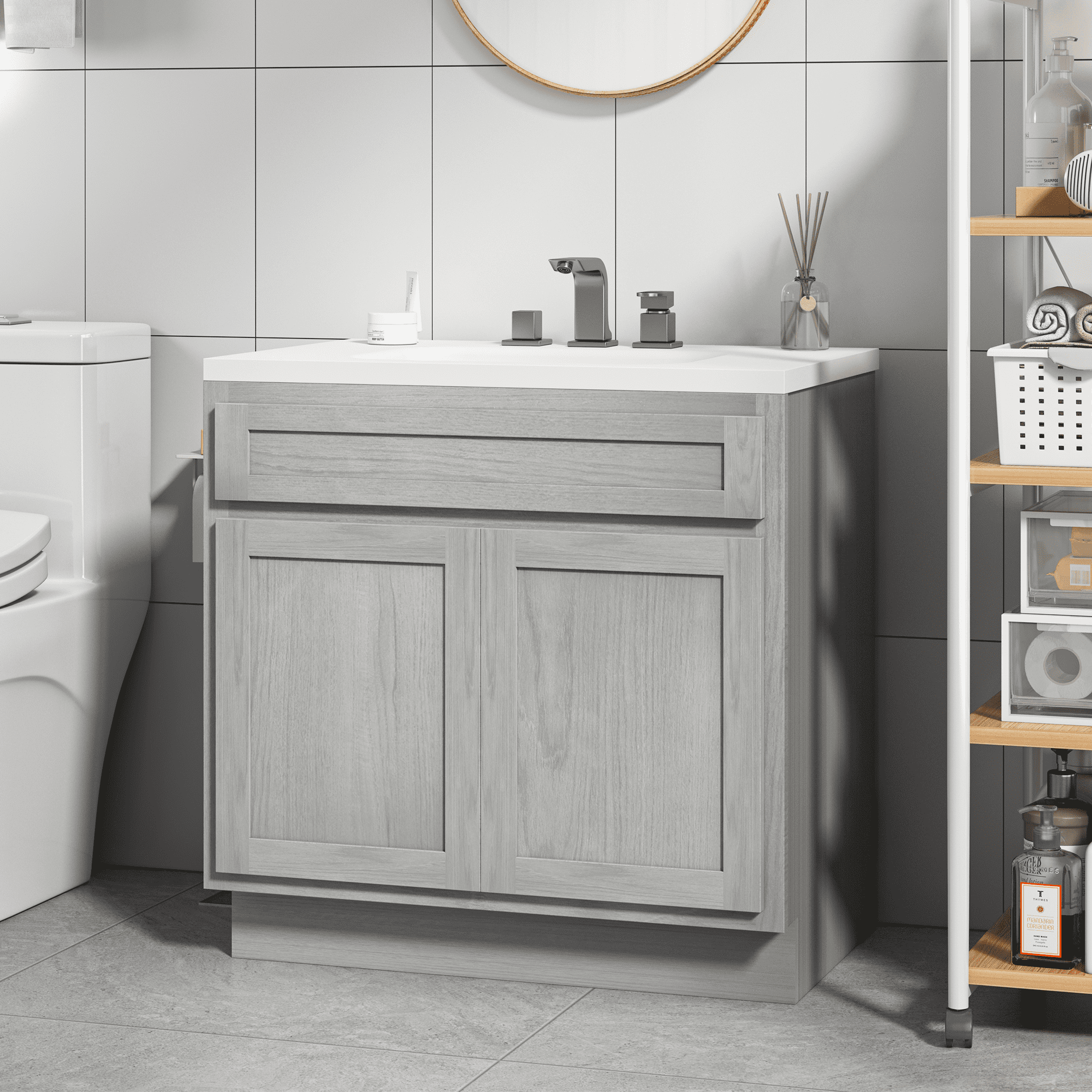 Vanity Art 30 Inch Double Shutter Door Bathroom Vanity Base Cabinet with Soft Closing Shaker Drawer, Strudy Floor Mount Storage Cabinet Organizer for Bedroom, Living Room, Kitchen, VA4030-S