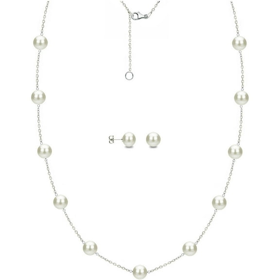ADDURN 7mm x 8mm White Cultured Freshwater Pearl Sterling Silver Station Necklace and Matching Earring Set, 18" with 2" Extender