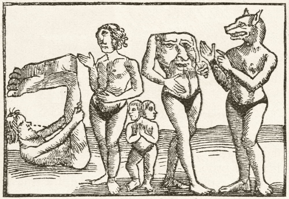 Strange tribes from the wilds of the earth From left to right a Monopodi a Monoculi Cyclopean a two headed dwarf a person with no head but merely a face on their chest and a member of the Cynocephali