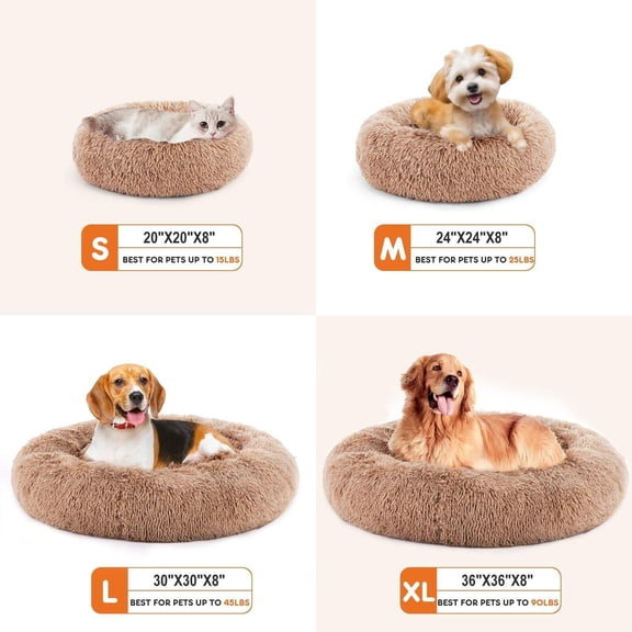 Calming Fluffy Donut Bed for Cats & Dogs - Anti-Slip Faux Fur, Brown L