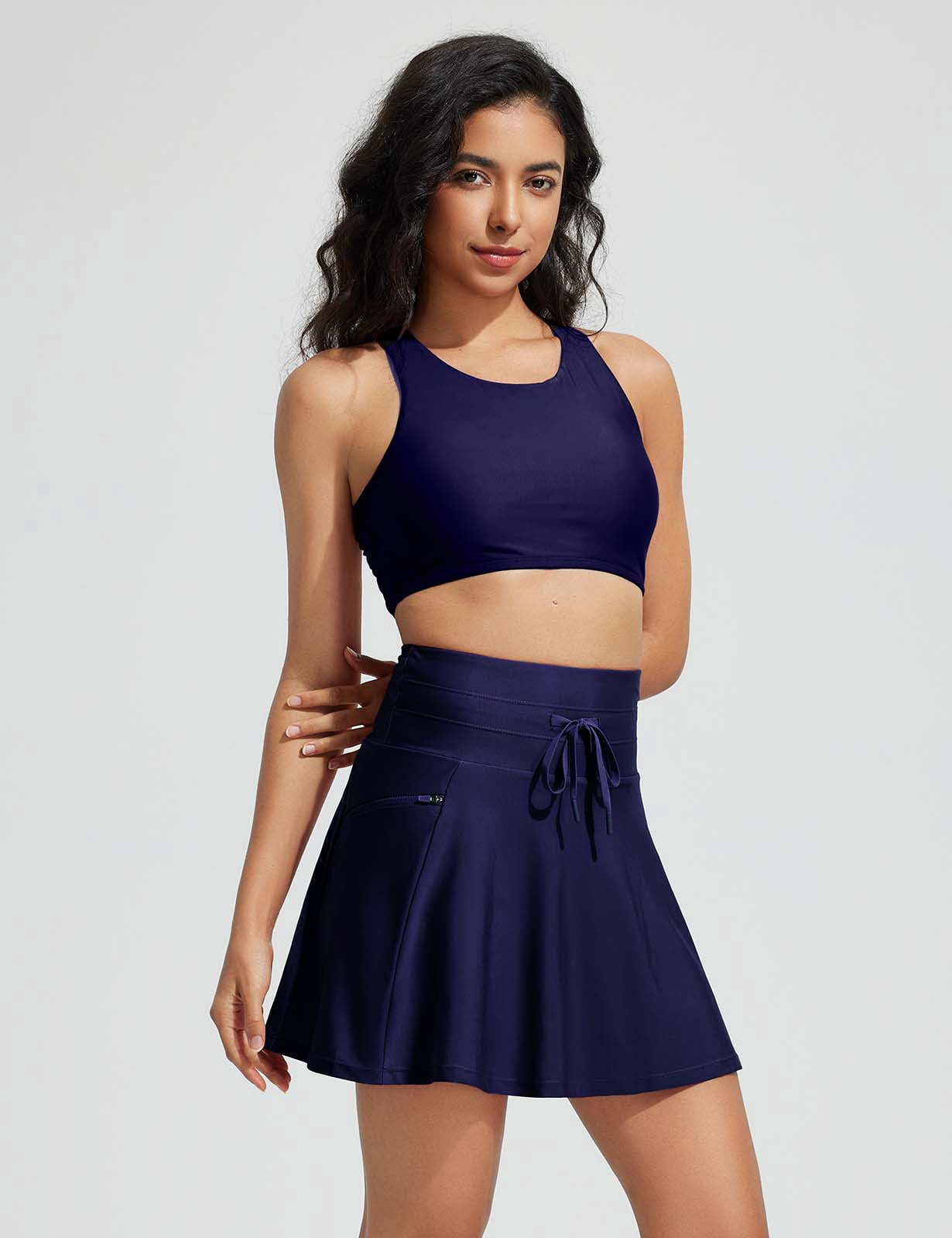 BALEAF Women's Swim Skirt with Boxer Liner High Waisted Tummy Control Modest Tankini Swimsuits Zipper Pocket Skorts Bathing Suit Flowy Swimming Bottoms Navy Blue M