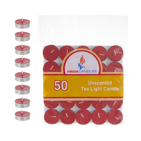 Mega Candles - Unscented Tea Light Candles - Red, Set of 50