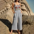 thumbnail image 6 of Women's Boho Jumpsuit Embroidered Floral Romper Square Neck Sleeveless Wide Leg Jumpsuit with Pockets Casual Linen Blend Outfit for Women, Gray, M, 6 of 6