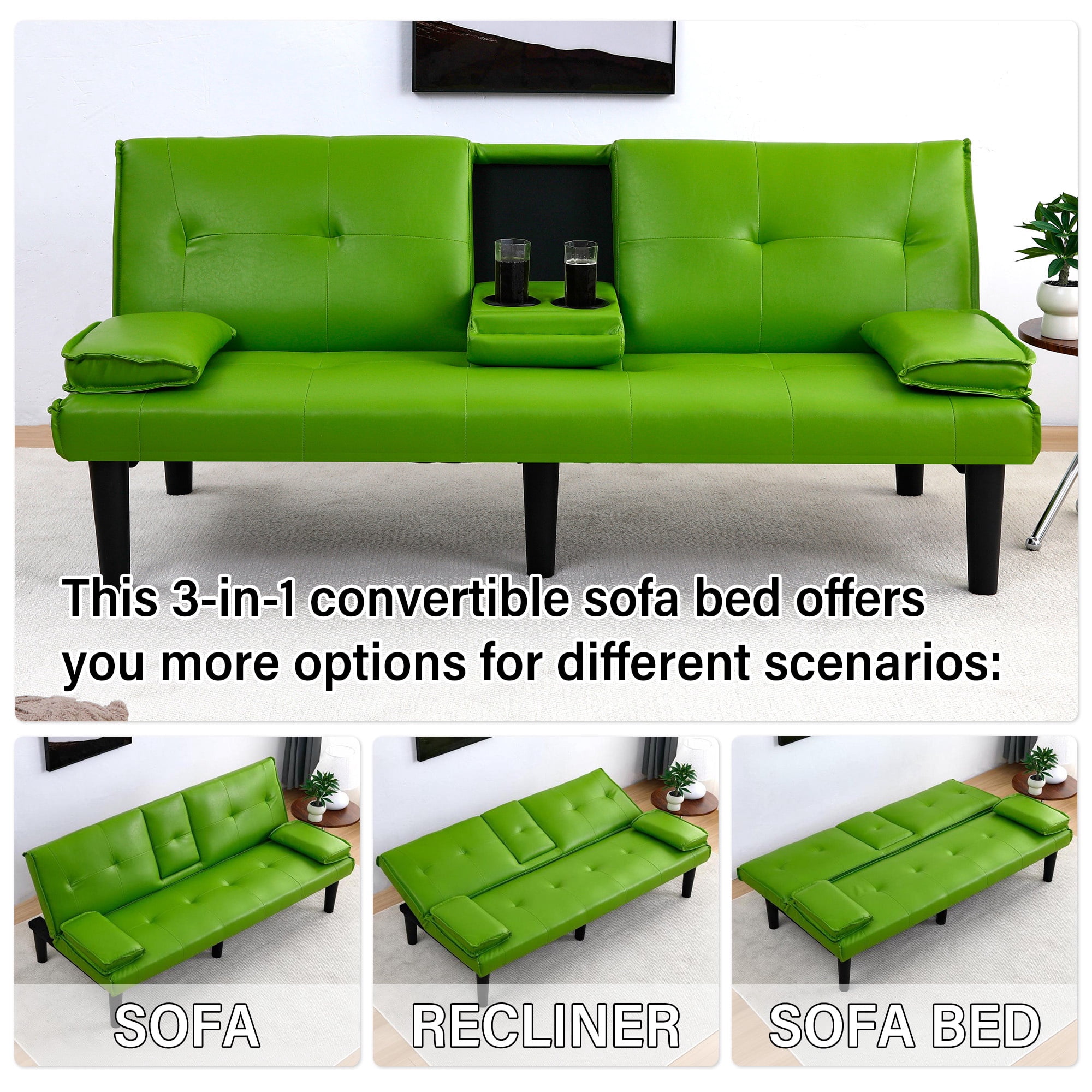 CARZZI LIFE Futon Sofa Bed PU Leather Modern Convertible Futon Couch with Removable Armrests, Cup Holders, Loveseat Sleeper Sofa Bed for Living Room, Apartment, Small Spaces (Green)
