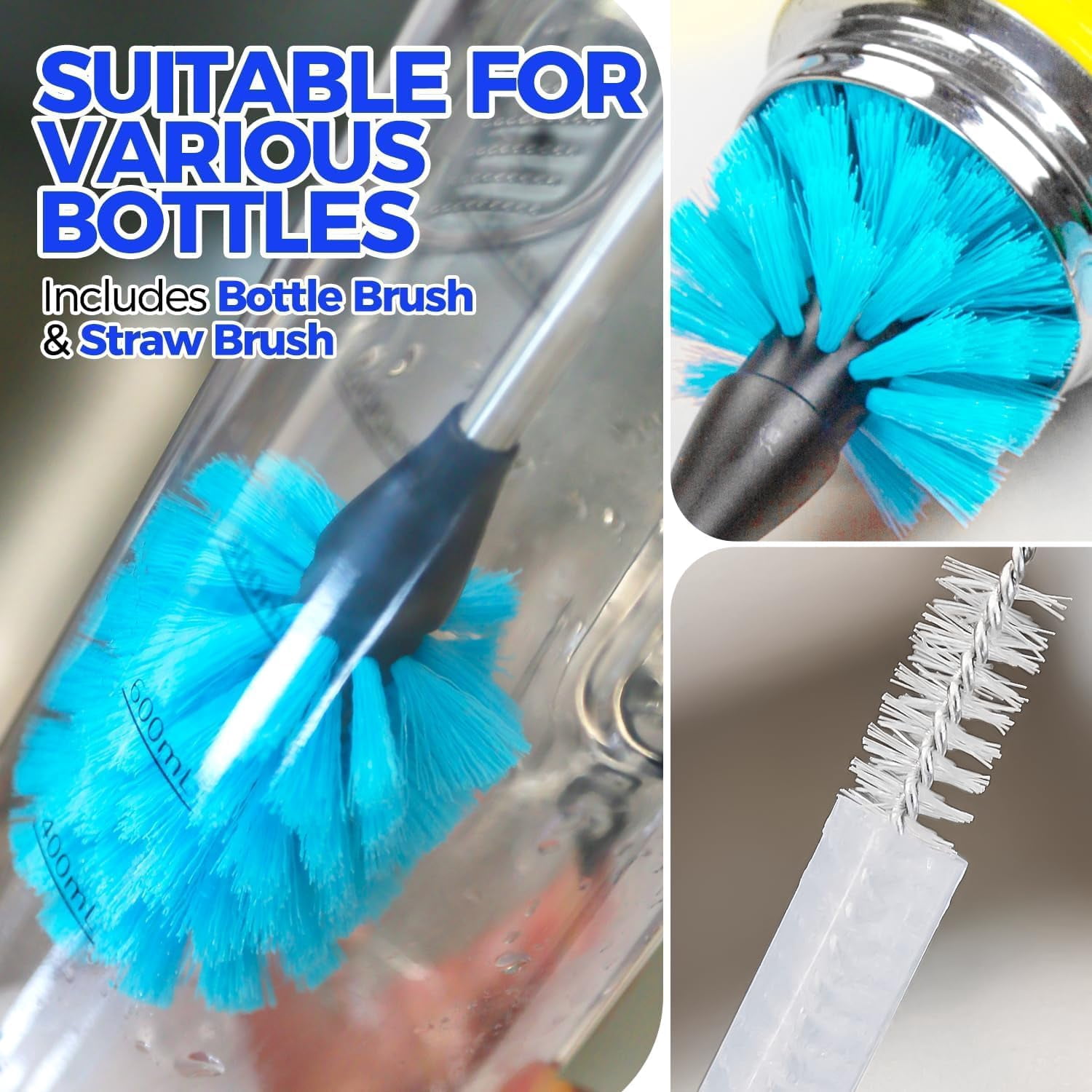 5 Pack Bottle Brush Cleaner Set, 14" Long Handle Stainless Steel Bottle Cleaner Brush, 3 Straw Brushes, Bottle Cleaning Brush for Water Bottle, Cups, Baby Bottle, Straws Blue