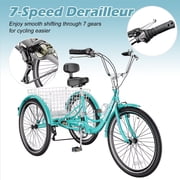 MOPHOTO 3 Wheel Bicycle for Adults 24 inch, Adult Tricycle 7 Speed with Basket/Bell, Cyan Cruiser Tricycle