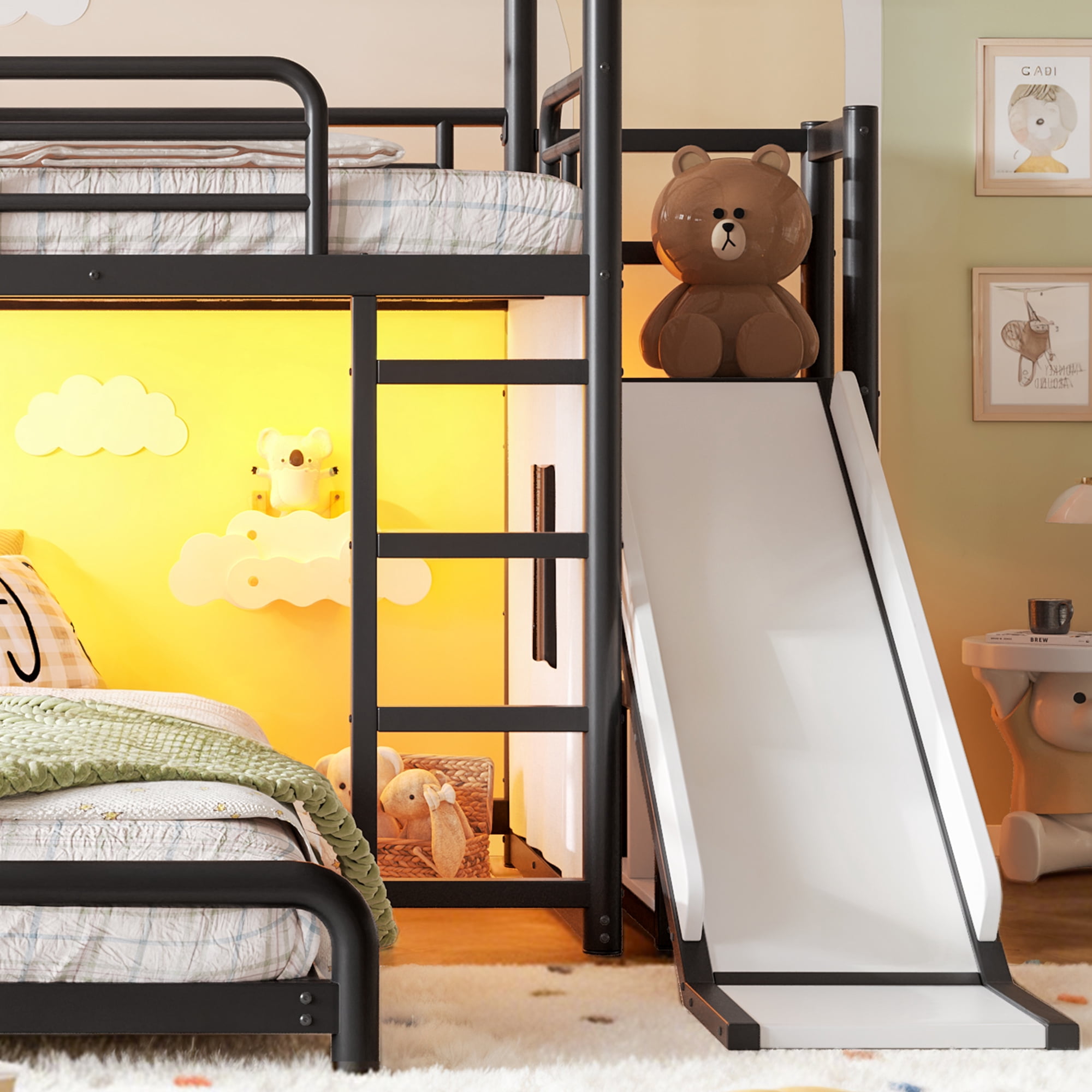 HOQBN Metal Bunk Bed Twin over Full,Playhouse Bunk Bed Frame with Slide & Ladder,LED Light Strip, Privacy Curtain, Movable Storage Cabinet and Hanging Rod,Black