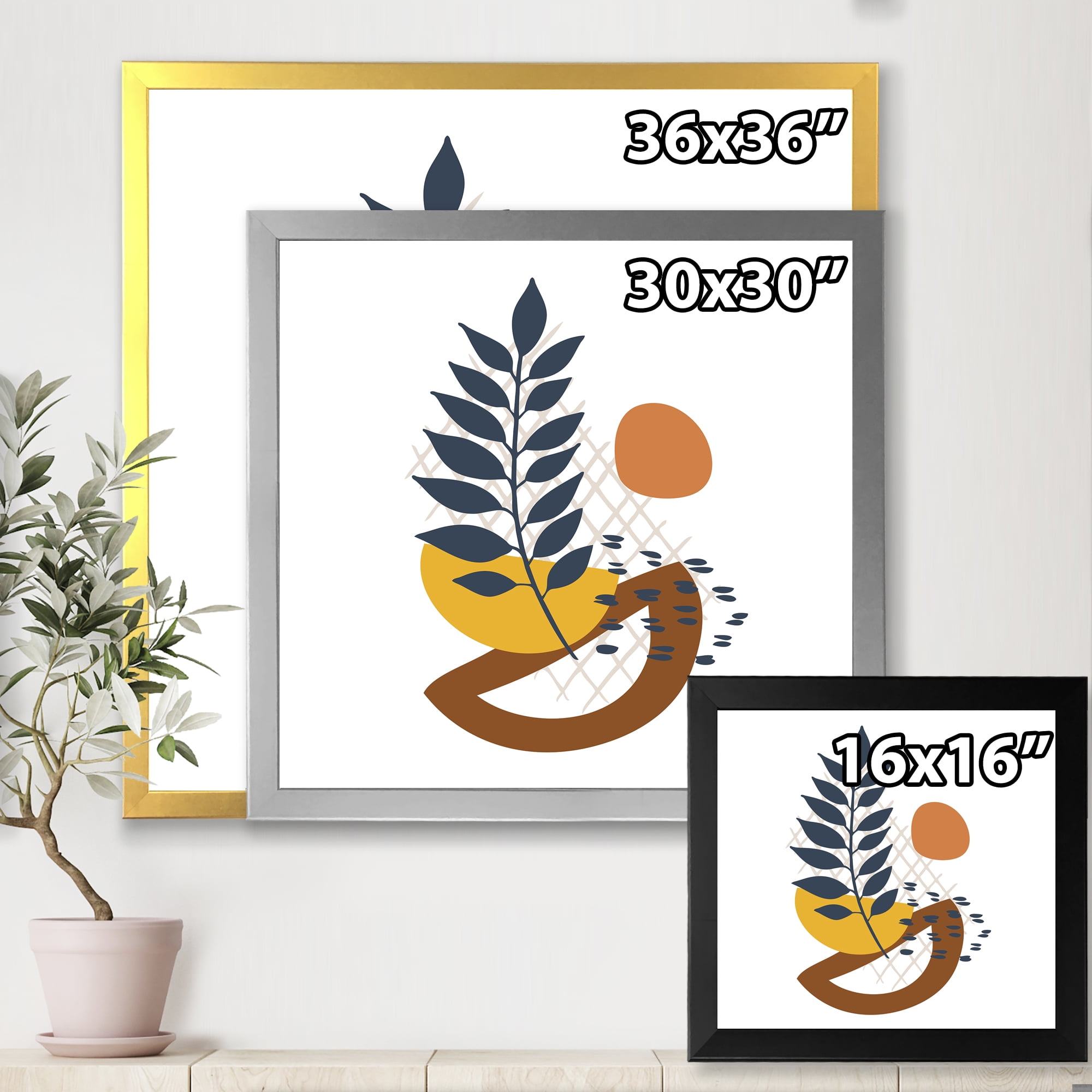 Designart 'Abstract Leaves With Elementary Shapes' Modern Framed Art Print