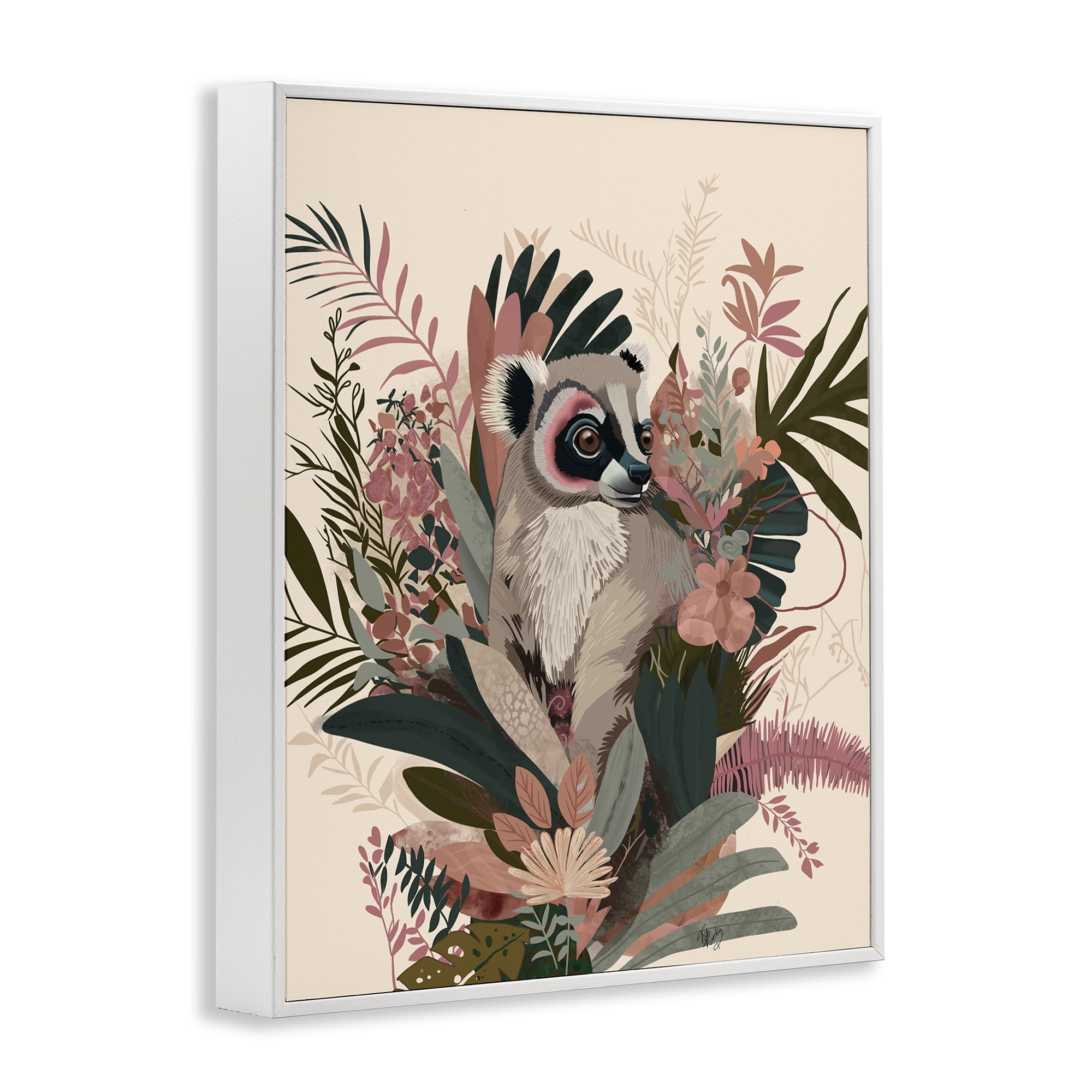Stupell Industries Lemur with Hibiscus Plants Animals & Insects Painting White Framed Art Print Wall Art, 11 x 14