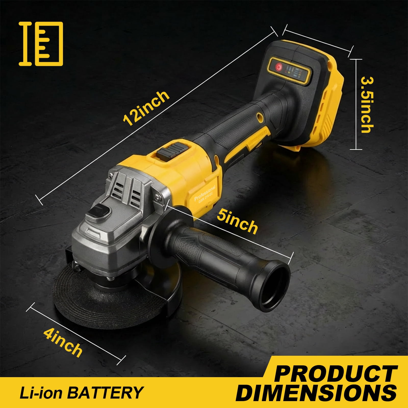 21V Angle Grinder, Double Battery Pack, 2 Grinding Discs, 3 Cutting Discs, Yellow