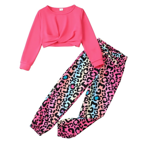 7Y Kids Girls Clothes 8Y Girls Pant Set Outfits Set Big Girls Long Sleeve Round Neckline Solid Color Top Pants 2PCS Set Rose Red