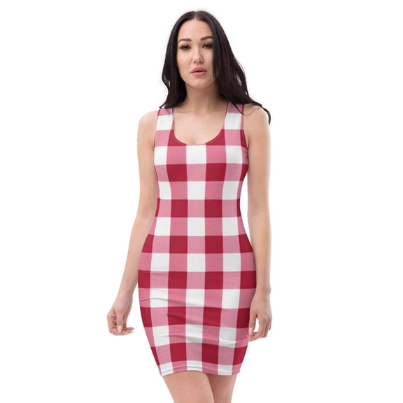 Women's Handmade All-Over Printed Bodycon Dress – Sleeveless, Red White Checks Design, Street Partywear, Sizes XS-XL