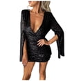 thumbnail image 1 of Dvkptbk Robe à Paillettes Grande Taille pour Femmes Robe à Paillettes Col en V Manches Longues Ourlet à Volants Robe de Cocktail Boîte de Nuit, 1 of 8
