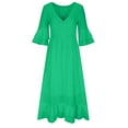 thumbnail image 5 of qolati Cotton Linen Dresses for Women 2023 Summer Plus Size V Neck Ruffle 3/4 Sleeve Boho Dress Eyelet Slim Fit Ruffle Hem Beach Maxi Dress, 5 of 7