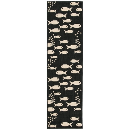 SAFAVIEH Courtyard Trena Fishes Indoor/Outdoor Runner Rug Black/Beige 2 3 x 14